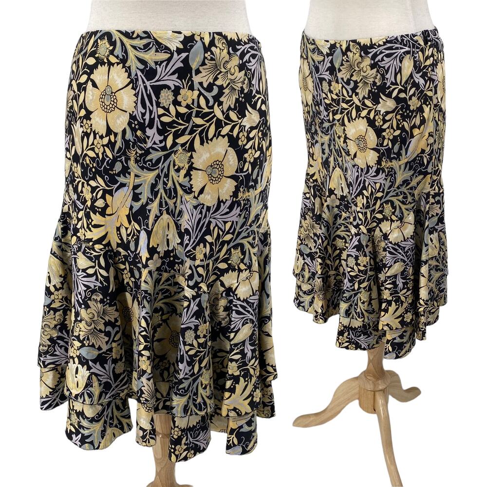 Vintage Y2k Silk Skirt Floral Patterns Hidden Side Zipper Trumpet Midi Womens 8P